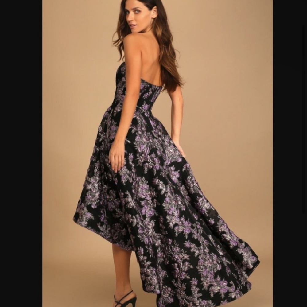 NWT All Romance Black Floral Jacquard Strapless High-Low Dress